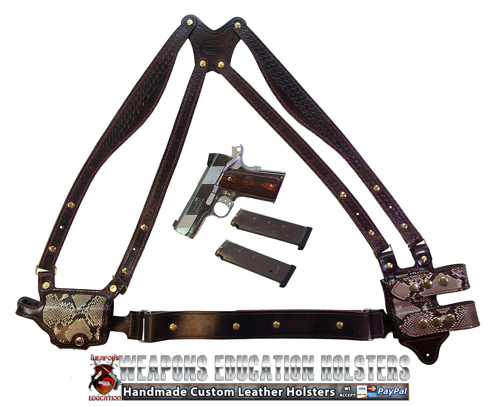 TOM'S "EXOTIC PYTHON HORIZONTAL - BIKINI - SHOULDER HOLSTER" - CUSTOM HAND-MADE DOUBLE THICK REINFORCED LEATHER SEMI-AUTO SHOULDER RIG. HORIZONTAL HOLSTER, MUZZLE EXPOSED - REINFORCED W/ 1.75" REAR BACK STRAP. CUSTOM HARNESS INCLUDED. BELT NOT NEEDED.