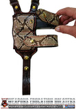 TOM'S "EXOTIC PYTHON VERTICAL SHOULDER HOLSTER" - CUSTOM HAND-MADE DOUBLE THICK REINFORCED LEATHER SEMI-AUTO SHOULDER RIG. OPEN TOP VERTICAL HOLSTER, MUZZLE COVERED WITH LEATHER. CUSTOM HARNESS INCLUDED. BACK OF HOLSTER ATTACHES TO GUN BELT.