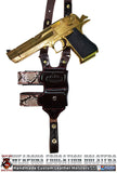 TOM'S "EXOTIC PYTHON VERTICAL SHOULDER HOLSTER" - CUSTOM HAND-MADE DOUBLE THICK REINFORCED LEATHER SEMI-AUTO SHOULDER RIG. OPEN TOP VERTICAL HOLSTER, MUZZLE COVERED WITH LEATHER. CUSTOM HARNESS INCLUDED. BACK OF HOLSTER ATTACHES TO GUN BELT.