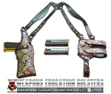 TOM'S "EXOTIC PYTHON VERTICAL SHOULDER HOLSTER" - CUSTOM HAND-MADE DOUBLE THICK REINFORCED LEATHER SEMI-AUTO SHOULDER RIG. OPEN TOP VERTICAL HOLSTER, MUZZLE COVERED WITH LEATHER. CUSTOM HARNESS INCLUDED. BACK OF HOLSTER ATTACHES TO GUN BELT.