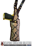 TOM'S "EXOTIC PYTHON VERTICAL SHOULDER HOLSTER" - CUSTOM HAND-MADE DOUBLE THICK REINFORCED LEATHER SEMI-AUTO SHOULDER RIG. OPEN TOP VERTICAL HOLSTER, MUZZLE COVERED WITH LEATHER. CUSTOM HARNESS INCLUDED. BACK OF HOLSTER ATTACHES TO GUN BELT.