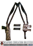 TOM'S "EXOTIC PYTHON VERTICAL SHOULDER HOLSTER" - CUSTOM HAND-MADE DOUBLE THICK REINFORCED LEATHER SEMI-AUTO SHOULDER RIG. OPEN TOP VERTICAL HOLSTER, MUZZLE COVERED WITH LEATHER. CUSTOM HARNESS INCLUDED. BACK OF HOLSTER ATTACHES TO GUN BELT.
