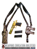 TOM'S "EXOTIC PYTHON VERTICAL SHOULDER HOLSTER" - CUSTOM HAND-MADE DOUBLE THICK REINFORCED LEATHER SEMI-AUTO SHOULDER RIG. OPEN TOP VERTICAL HOLSTER, MUZZLE COVERED WITH LEATHER. CUSTOM HARNESS INCLUDED. BACK OF HOLSTER ATTACHES TO GUN BELT.
