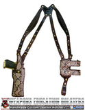 TOM'S "EXOTIC PYTHON VERTICAL SHOULDER HOLSTER" - CUSTOM HAND-MADE DOUBLE THICK REINFORCED LEATHER SEMI-AUTO SHOULDER RIG. OPEN TOP VERTICAL HOLSTER, MUZZLE COVERED WITH LEATHER. CUSTOM HARNESS INCLUDED. BACK OF HOLSTER ATTACHES TO GUN BELT.