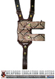 TOM'S "EXOTIC PYTHON VERTICAL SHOULDER HOLSTER" - CUSTOM HAND-MADE DOUBLE THICK REINFORCED LEATHER SEMI-AUTO SHOULDER RIG. OPEN TOP VERTICAL HOLSTER, MUZZLE COVERED WITH LEATHER. CUSTOM HARNESS INCLUDED. BACK OF HOLSTER ATTACHES TO GUN BELT.