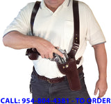 TOM'S "MODIFIED DOC HOLLIDAY" - CUSTOM HAND-MADE DOUBLE THICK REINFORCED LEATHER LARGE VERTICAL SEMI-AUTO OR REVOLVER SHOULDER HOLSTER RIG. CLICK HERE.
