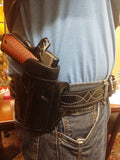 TOM'S "EXOTIC STITCHED GUN BELT" FOR DRESS OR CASUAL. (TOM'S FAVORITE) DOUBLE THICK REINFORCED W/ FLEXIBLE POLYMER WITHIN LEATHER GUN BELT