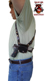 TOM'S "QUICK ACCESS" - SEMI AUTO - CUSTOM HAND-MADE DOUBLE THICK REINFORCED LEATHER SHOULDER RIG HOLSTER FOR QUICK ACCESS. (DOES NOT ATTACH TO YOUR BELT). INCLUDES MILITARY GRADE LOWER BACK STRAP. CLICK HERE.