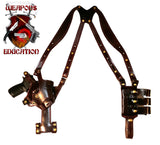 TOM'S "VERTICAL TILT-SEMI AUTO"- PISTOL PIVOTS! QUICKEST DRAW! CUSTOM HAND-MADE DOUBLE THICK LEATHER. SHOULDER HOLSTER RIG. VERTICAL HOLSTER THAT MOVES FOR A COMFORTABLE FIT AND DRAW.  BOTTOM OF STRAP ATTACHES TO ONE OF TOM’S QUALITY GUN BELTS. CLICK HERE