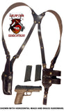 TOM'S "VERTICAL CLASSIC" - CUSTOM HAND-MADE DOUBLE THICK REINFORCED LEATHER SEMI-AUTO SHOULDER RIG. OPEN TOP VERTICAL HOLSTER, MUZZLE COVERED WITH LEATHER. BACK OF HOLSTER ATTACHES TO GUN BELT. INCLUDES 2 VERTICAL MAG POUCHES ON OPPOSITE SIDE. CLICK HERE.