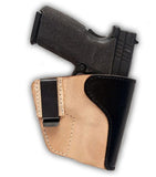 TOM'S "TWO TONE INSIDE THE POCKET HOLSTER" DOUBLE THICK STEEL MESH REINFORCED LEATHER - INCLUDES QUALITY METAL CLIP - ATTACHES TO BELT FOR IWB OR KEEP IT IN YOUR POCKET
