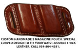 TOM'S "SIDEARM DOUBLE MAG CARRIER" DOUBLE SEMI-AUTO ANGLED SLIDE THROUGH BELT DOUBLE THICK REINFORCED LEATHER MAG POUCHES