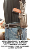 TOM'S "QUAD AMMO TERMINATOR" - CUSTOM HAND-MADE DOUBLE THICK REINFORCED LEATHER VERTICAL SHOULDER HOLSTER WITH 4 HORIZONTAL MAGAZINE POUCHES. SEMI-AUTOMATIC ONLY. HOLSTER AND AMMO ATTACHES TO BELT. CLICK HERE.