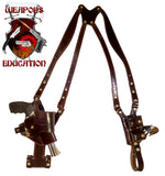 TOM'S "VERTICAL TILT-REVOLVER" - PISTOL PIVOTS! QUICKEST DRAW! CUSTOM HAND-MADE DOUBLE THICK LEATHER. SHOULDER HOLSTER RIG. VERTICAL HOLSTER THAT MOVES FOR A COMFORTABLE FIT AND DRAW.  BOTTOM OF STRAP ATTACHES TO ONE OF TOM’S QUALITY GUN BELTS. CLICK HERE