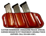 TOM'S "SIDEARM TRIPLE MAG CARRIER" DOUBLE SEMI-AUTO ANGLED SLIDE THROUGH BELT DOUBLE THICK REINFORCED LEATHER MAG POUCHES