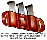 TOM'S "SIDEARM TRIPLE MAG CARRIER" DOUBLE SEMI-AUTO ANGLED SLIDE THROUGH BELT DOUBLE THICK REINFORCED LEATHER MAG POUCHES
