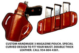 TOM'S "SIDEARM TRIPLE MAG CARRIER" DOUBLE SEMI-AUTO ANGLED SLIDE THROUGH BELT DOUBLE THICK REINFORCED LEATHER MAG POUCHES