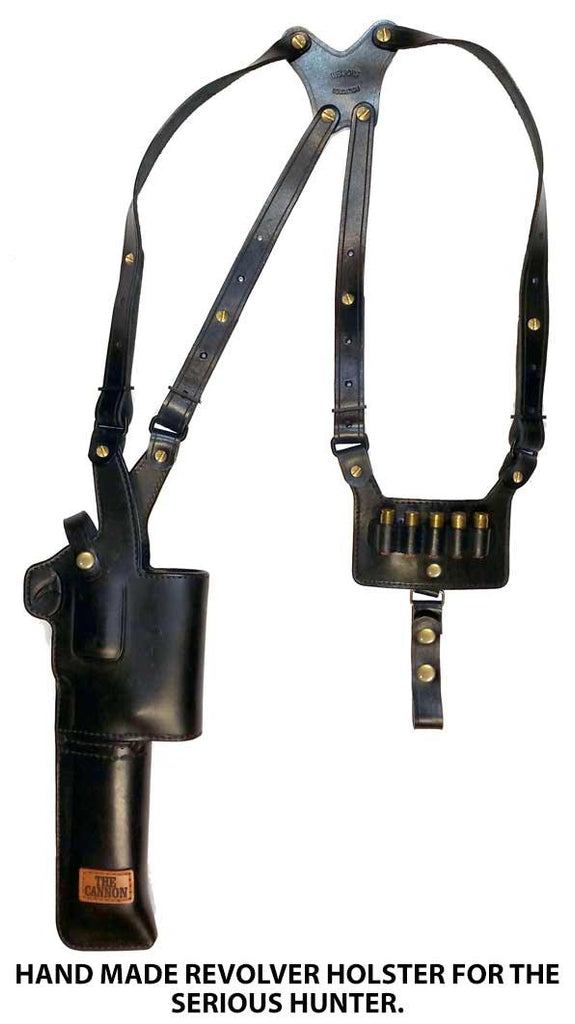 TOM'S MASSIVE REVOLVER HOLSTER WITH OPTICS - "THE BIG BORE CANNON" CUSTOM HAND-MADE DOUBLE THICK REINFORCED LEATHER REVOLVER SHOULDER HOLSTER RIG - HOLSTER AND AMMO ATTACHES TO BELT. VERTICAL - SPEED LOADER POUCHES - OPTIONAL. CLICK HERE.