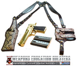TOM'S "EXOTIC PYTHON VERTICAL SHOULDER HOLSTER" - CUSTOM HAND-MADE DOUBLE THICK REINFORCED LEATHER SEMI-AUTO SHOULDER RIG. OPEN TOP VERTICAL HOLSTER, MUZZLE COVERED WITH LEATHER. CUSTOM HARNESS INCLUDED. BACK OF HOLSTER ATTACHES TO GUN BELT.