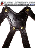 TOM'S "EXOTIC PYTHON VERTICAL SHOULDER HOLSTER" - CUSTOM HAND-MADE DOUBLE THICK REINFORCED LEATHER SEMI-AUTO SHOULDER RIG. OPEN TOP VERTICAL HOLSTER, MUZZLE COVERED WITH LEATHER. CUSTOM HARNESS INCLUDED. BACK OF HOLSTER ATTACHES TO GUN BELT.