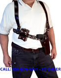 TOM'S "MODIFIED DOC HOLLIDAY" - CUSTOM HAND-MADE DOUBLE THICK REINFORCED LEATHER LARGE VERTICAL SEMI-AUTO OR REVOLVER SHOULDER HOLSTER RIG. CLICK HERE.