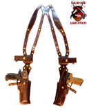 TOM'S "DUAL GUN RIG WITH MAGS" - CUSTOM HAND-MADE DOUBLE THICK REINFORCED LEATHER - 2 GUN SHOULDER HOLSTER RIG. CALL 954-804-4381 FIRST. CLICK HERE.