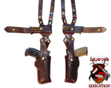 TOM'S "DUAL GUN RIG WITH MAGS" - CUSTOM HAND-MADE DOUBLE THICK REINFORCED LEATHER - 2 GUN SHOULDER HOLSTER RIG. CALL 954-804-4381 FIRST. CLICK HERE.