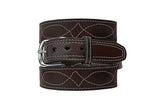 TOM'S "EXOTIC STITCHED GUN BELT" FOR DRESS OR CASUAL. (TOM'S FAVORITE) DOUBLE THICK REINFORCED W/ FLEXIBLE POLYMER WITHIN LEATHER GUN BELT