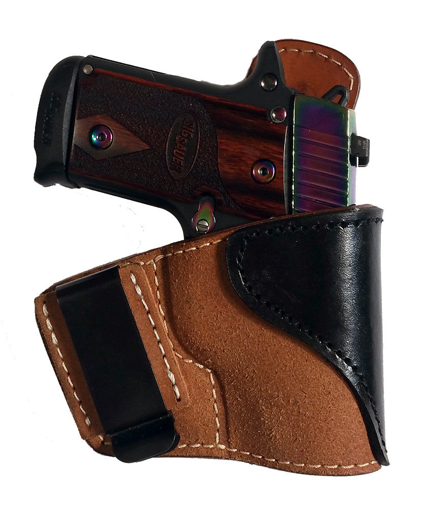 TOM'S "TWO TONE INSIDE THE POCKET HOLSTER" DOUBLE THICK STEEL MESH REINFORCED LEATHER - INCLUDES QUALITY METAL CLIP - ATTACHES TO BELT FOR IWB OR KEEP IT IN YOUR POCKET