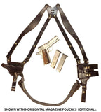 TOM'S "LOWER BACK STRAP SHOULDER HOLSTER RIG" - DESIGNED FOR ENHANCED STABILIZATION OF THE ENTIRE RIG. INCLUDES TWO VERTICAL MAGAZINE POUCHES. CLICK HERE.