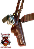 TOM'S VERTICAL REVOLVER "QUAD OPERATOR" – 4 SPEED LOADER POUCHES INCLUDED - CUSTOM HAND-MADE DOUBLE THICK REINFORCED LEATHER REVOLVER SHOULDER HOLSTER RIG - HOLSTER AND AMMO ATTACHES TO BELT. CLICK HERE.
