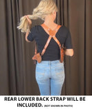 TOM'S "QUICK ACCESS" - SEMI AUTO - CUSTOM HAND-MADE DOUBLE THICK REINFORCED LEATHER SHOULDER RIG HOLSTER FOR QUICK ACCESS. (DOES NOT ATTACH TO YOUR BELT). INCLUDES MILITARY GRADE LOWER BACK STRAP. CLICK HERE.