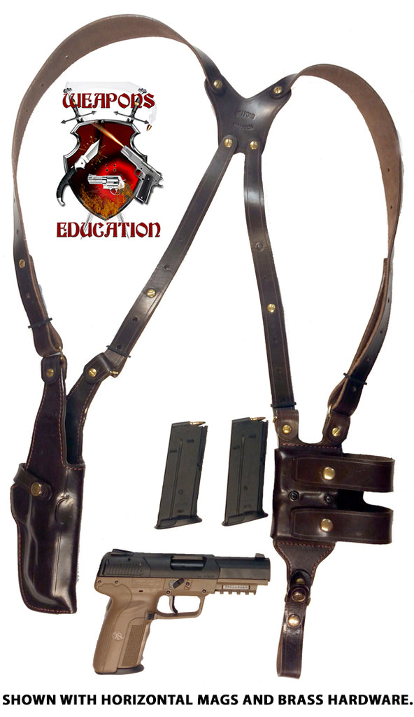TOM'S "VERTICAL CLASSIC" - CUSTOM HAND-MADE DOUBLE THICK REINFORCED LEATHER SEMI-AUTO SHOULDER RIG. OPEN TOP VERTICAL HOLSTER, MUZZLE COVERED WITH LEATHER. BACK OF HOLSTER ATTACHES TO GUN BELT. INCLUDES 2 VERTICAL MAG POUCHES ON OPPOSITE SIDE. CLICK HERE.