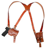 TOM'S "ANGLED STEEL LEATHER ENFORCER"  - CUSTOM HAND-MADE DOUBLE THICK REINFORCED LEATHER OPEN TOP ANGLED SHOULDER HOLSTER RIG. STEEL REINFORCED. INCLUDES 2 VERTICAL MAGAZINE POUCHES, ATTACHES TO YOUR BELT. CLICK HERE.