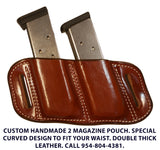 TOM'S "SIDEARM DOUBLE MAG CARRIER" DOUBLE SEMI-AUTO ANGLED SLIDE THROUGH BELT DOUBLE THICK REINFORCED LEATHER MAG POUCHES
