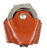 TOM'S "CUSTOM HANDCUFF CASE" DOUBLE REINFORCED LEATHER WITH INTERLOCKING BUTTON SNAP. ATTACHES TO BELT OR SHOULDER HARNESS.