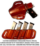 TOM'S "SIDEARM QUAD MAG CARRIER" SEMI-AUTO ANGLED SLIDE THROUGH BELT DOUBLE THICK REINFORCED LEATHER MAG POUCHES