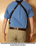 TOM'S "DUAL GUN" - CUSTOM HAND-MADE DOUBLE THICK REINFORCED LEATHER 2 GUN SHOULDER HOLSTER RIG. SPARE MAGS OPTIONAL. MAGS MAY ATTACH TO YOUR BELT OR HARNESS. CALL 954-804-4381 FIRST. CLICK HERE.