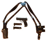 TOM'S "VERTICAL CLASSIC BASKETWEAVE MASTERPIECE" - ALL INCLUSIVE. INCLUDES FREE BRASS HARDWARE – HIGH END SYNTHETIC STITCHING. CUSTOM HAND-MADE DOUBLE THICK REINFORCED LEATHER SEMI-AUTO SHOULDER RIG. OPEN TOP VERTICAL HOLSTER, MUZZLE COVERED WITH LEATHER.