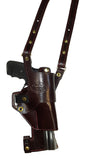 TOM'S "VERTICAL TILT-REVOLVER" - PISTOL PIVOTS! QUICKEST DRAW! CUSTOM HAND-MADE DOUBLE THICK LEATHER. SHOULDER HOLSTER RIG. VERTICAL HOLSTER THAT MOVES FOR A COMFORTABLE FIT AND DRAW.  BOTTOM OF STRAP ATTACHES TO ONE OF TOM’S QUALITY GUN BELTS. CLICK HERE