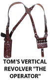TOM'S VERTICAL REVOLVER "THE OPERATOR" - CUSTOM HAND-MADE DOUBLE THICK REINFORCED LEATHER REVOLVER SHOULDER HOLSTER RIG - HOLSTER AND AMMO ATTACHES TO BELT. HORIZONTAL - SPEED LOADER POUCHES - OPTIONAL. CLICK HERE.