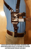 TOM'S "HORIZONTAL COVERT" - CUSTOM HAND-MADE DOUBLE THICK REINFORCED LEATHER SEMI-AUTO HORIZONTAL SHOULDER HOLSTER RIG. ATTACHES TO GUN BELT. INCLUDES 2 VERTICAL MAGAZINE POUCHES. CLICK HERE.