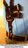 TOM'S "HORIZONTAL COVERT" - CUSTOM HAND-MADE DOUBLE THICK REINFORCED LEATHER SEMI-AUTO HORIZONTAL SHOULDER HOLSTER RIG. ATTACHES TO GUN BELT. INCLUDES 2 VERTICAL MAGAZINE POUCHES. CLICK HERE.