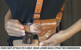 TOM'S "QUICK ACCESS" - SEMI AUTO - CUSTOM HAND-MADE DOUBLE THICK REINFORCED LEATHER SHOULDER RIG HOLSTER FOR QUICK ACCESS. (DOES NOT ATTACH TO YOUR BELT). INCLUDES MILITARY GRADE LOWER BACK STRAP. CLICK HERE.