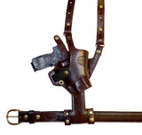 TOM'S "VERTICAL TILT-SEMI AUTO"- PISTOL PIVOTS! QUICKEST DRAW! CUSTOM HAND-MADE DOUBLE THICK LEATHER. SHOULDER HOLSTER RIG. VERTICAL HOLSTER THAT MOVES FOR A COMFORTABLE FIT AND DRAW.  BOTTOM OF STRAP ATTACHES TO ONE OF TOM’S QUALITY GUN BELTS. CLICK HERE