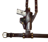 TOM'S "VERTICAL TILT-SEMI AUTO"- PISTOL PIVOTS! QUICKEST DRAW! CUSTOM HAND-MADE DOUBLE THICK LEATHER. SHOULDER HOLSTER RIG. VERTICAL HOLSTER THAT MOVES FOR A COMFORTABLE FIT AND DRAW.  BOTTOM OF STRAP ATTACHES TO ONE OF TOM’S QUALITY GUN BELTS. CLICK HERE