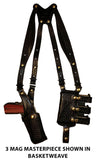 TOM'S "TRIPLE MAG AMMO WARRIOR" - CUSTOM HAND-MADE, SHOWN IN BASKETWEAVE, DOUBLE THICK REINFORCED LEATHER SHOULDER RIG. BACK OF HOLSTER ATTACHES TO GUN BELT. INCLUDES 3 VERTICAL MAG POUCHES. CLICK HERE.