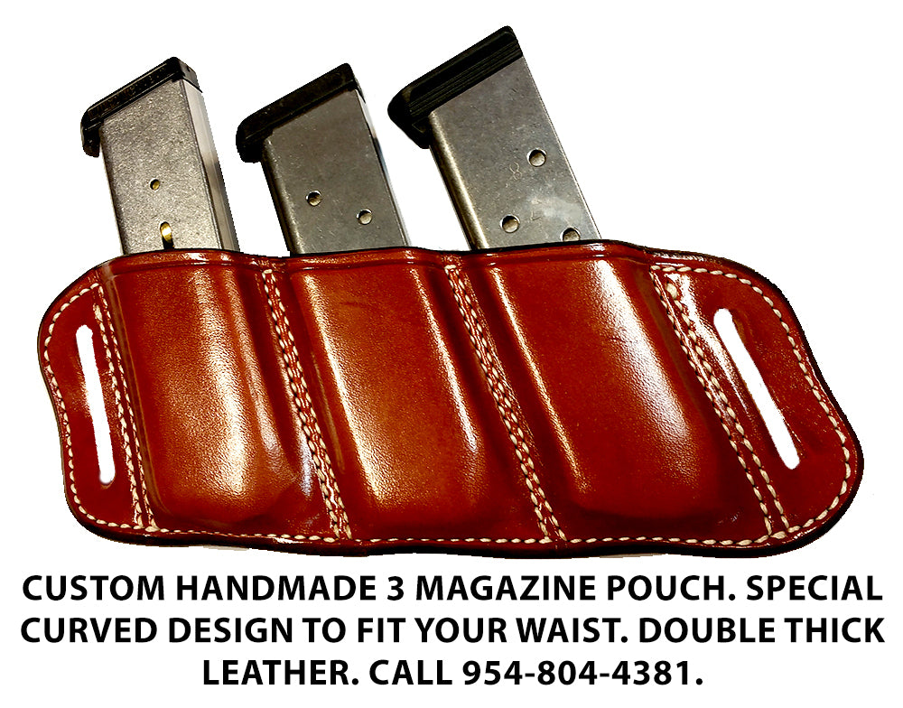TOM'S "SIDEARM TRIPLE MAG CARRIER" DOUBLE SEMI-AUTO ANGLED SLIDE THROUGH BELT DOUBLE THICK REINFORCED LEATHER MAG POUCHES