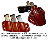 TOM'S "SIDEARM TRIPLE MAG CARRIER" DOUBLE SEMI-AUTO ANGLED SLIDE THROUGH BELT DOUBLE THICK REINFORCED LEATHER MAG POUCHES