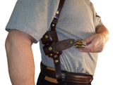 TOM'S VERTICAL REVOLVER "THE OPERATOR" - CUSTOM HAND-MADE DOUBLE THICK REINFORCED LEATHER REVOLVER SHOULDER HOLSTER RIG - HOLSTER AND AMMO ATTACHES TO BELT. HORIZONTAL - SPEED LOADER POUCHES - OPTIONAL. CLICK HERE.